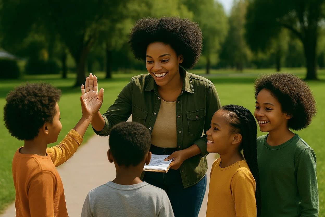 Children talking with black women