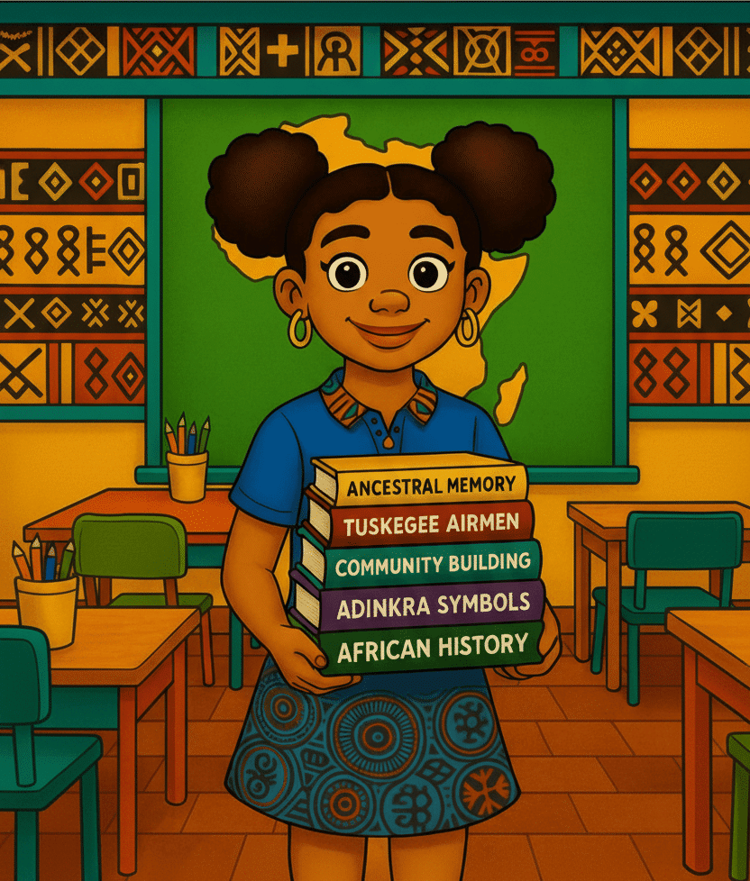 Mali holding books of African History, Ancestral Memory, Tuskegee Airman, Community Building, and Adinkra Symbol